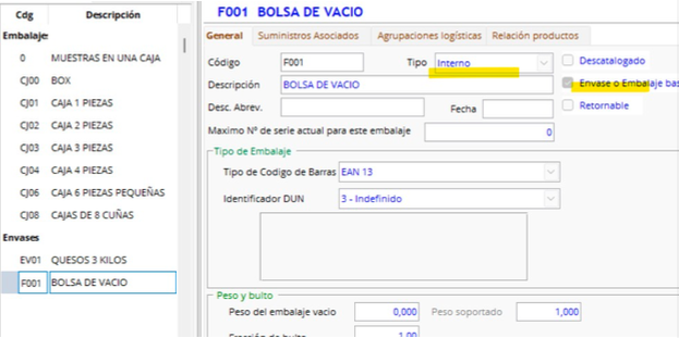 Uso de envases opcionales en la preparación de pedidos
